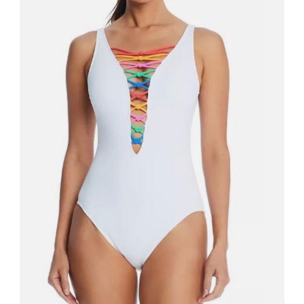 Bleu by Rod Beattie Womens Core-Lace-Down Mio One Piece Swimsuit White Multi 6 S